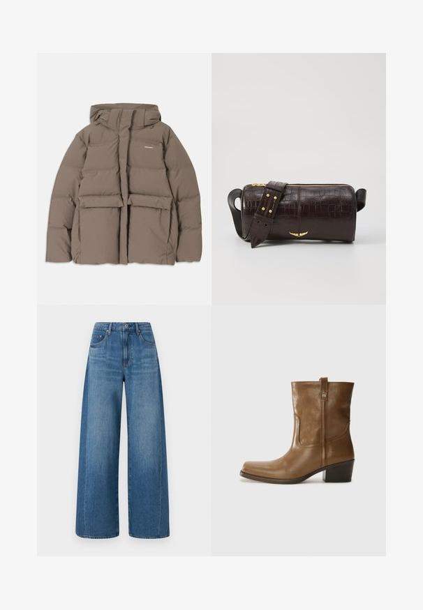 Hnědá pufovaná bunda s kapucí, se zipem vpředu, dvěma velkými předními kapsami a hladkým matným povrchem. Logo značky na hrudi.; Černý top bez rukávů s tenkými ramínky, vyrobený z žebrované tkaniny, se rovný střih a štítek na výstřihu s nápisem "IVY OAK."; Široké modré džíny s průměrným praním, vysokým pasem, pěti kapsami a jemným zvlnením. Vyrobené z denimu s hladkou texturou.; Hnědé kožené kotníkové boty se čtveratou špičkou, texturovaným povrchem a nízkým zvýšeným podpatkem. Mají zadní poutko na obouvání a jemné prošívání.; Hnědá kabelka z krokodýlí kůže s embosováním, cylindrického tvaru, se zlacenými kovovými prvky a odnímatelným popruhem se hroty.