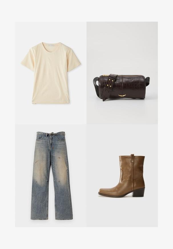 Brown puffer jacket with a hood, featuring a front zipper, two large front pockets, and a smooth matte texture. Brand logo on chest.; Cream-colored T-shirt made of soft, lightweight cotton, featuring short sleeves and a round neckline. No visible patterns or accents.; Light blue denim jeans with a loose, straight-leg design. Features whiskering, fading, and distressed details near knees. Classic five-pocket style.; Brown leather ankle boot with a square toe, textured finish, and a low stacked heel. Features a rear pull tab and subtle stitching details.; Brown crocodile-embossed leather bag with a cylindrical shape, gold-tone hardware, and a detachable strap featuring studs.