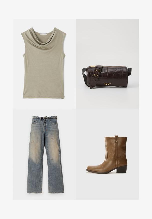 Rjava pihasta jakna s kapuco, ki ima sprednji zadrgo, dva velika sprednja žepa in gladko mat teksturo. Blagovna znamka je na prsih.; Top brez rokavov s kapuco v svetlo bež tkanini. Mehak otip, oprijet dizajn, z gladkim drapiranjem na ovratniku in ravnim robom.; Svijetloplave traperice s labavim ravnim krojem. Imaju izbledele detalje, tragove habanja i oštećenja u području koljena. Klasičan stil s pet džepova.; Rjave usnjene gležnjarje s kvadratnim nosom, teksturirano površino in nizko kvadratno peto. Imajo zadnji trak za enostavno obuvanje in subtilne šivane detajle.; Brah blaženka iz rjavega usnja z embosiranim krokodilom, cilindrične oblike, zlatih kovinskih elementov in odstranljivim pasom, ki vsebuje žebljičke.