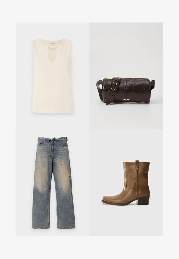 Brun oppustelig jakke med hætte, der har en frontlynlås, to store frontlommer og en glat, mat tekstur. Brandlogo på brystet.; Ærmeløs top i kremfarvet stof med en nøglehulshalsudskæring dekoreret med bladformede pyntegenstande. Enkel skæring og glat tekstur.; Lysblå denimjeans med et løst, lige ben-design. Har slidte, falmede og beskadigede detaljer nær knæene. Klassisk fem-lomme stil.; Brun læder ankelstøvle med firkantet tå, tekstureret overflade og en lav stablet hæl. Har en bageste hælflap og subtile syningsdetaljer.; Brun krokodilleder taske med cylindrisk form, hardware i guld-tone, og en aftagelig rem med nitter.