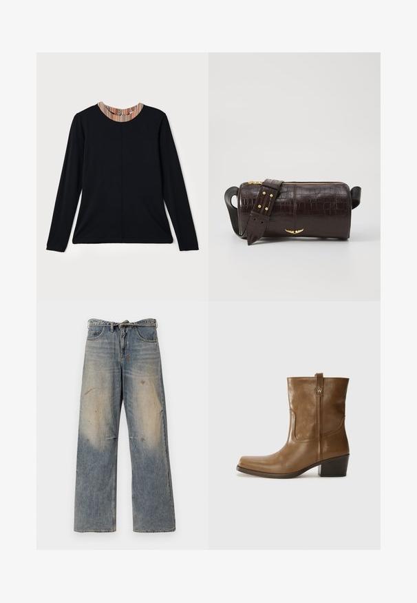Brown puffer jacket with a hood, featuring a front zipper, two large front pockets, and a smooth matte texture. Brand logo on chest.; Black long-sleeve top with a round neckline featuring a multicolored striped accent at the collar. Smooth fabric with a relaxed fit.; Light blue denim jeans with a loose, straight-leg design. Features whiskering, fading, and distressed details near knees. Classic five-pocket style.; Brown leather ankle boot with a square toe, textured finish, and a low stacked heel. Features a rear pull tab and subtle stitching details.; Brown crocodile-embossed leather bag with a cylindrical shape, gold-tone hardware, and a detachable strap featuring studs.