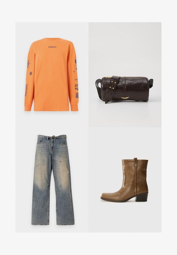 Barna puffermellény kapucnival, elülső cipzárral, két nagy elülső zsebével és sima matt felületével. Márkalogó a mellen.; Narancssárga, hosszú ujjú pamut póló. Az elején a "STIEGLITZ" felirat található, míg az ujjak különböző kék grafikai mintákkal díszítettek.; Világoskék farmernadrág, laza, egyenes szabással. Serteszálas, kopott és szakadt részletek jellemzik a térd környékén. Klasszikus öt zsebes stílus.; Barna bőrből készült bokacsizma négyzet alakú orral, texturált felülettel és alacsony, rakott sarkával. Hátsó húzófüllel és finom varrási részletekkel rendelkezik.; Barna krokodilbőr hatású bőr táska henger alakú, arany tónusú fémveretekkel és lecsatolható, szegecsekkel díszített pánttal.