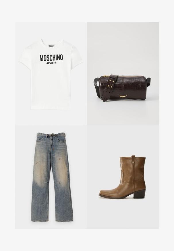 Rudas pūkinis švarkas su gaubtu, su priekiniais užtrauktukais, dviem didelėm priekinėm kišenėm ir lygiu matinio paviršiaus apdailu. Prekės ženklas ant krūtinės.; Balta medvilnė marškinėliai su trumpomis rankovėmis. Pateikiamas juodas spausdintas tekstas "MOSCHINO JEANS" priekyje, apvalus iškirpimas ir standartinė figūra.; Šviesiai mėlynos džinsinės kelnės su laisvu, tiesiu kojų kirpimu. Su įbrėžimais, nudilimu ir suplėšytais elementais šalia kelių. Klasikinis penkių kišenių stilius.; Rudų odinių batų iki kulkšnies su kvadratiniu pirštu, tekstūruotu paviršiumi ir žemu sluoksniuota pakulne. Yra užpakalinis kilpas ir subtilūs siuvinėjimo detalės.; Ruda krokodilo odspaudo odinė rankinė cilindro formos, su auksinėmis detalėmis ir nuimamu dirželiu, papuoštu studelėmis.