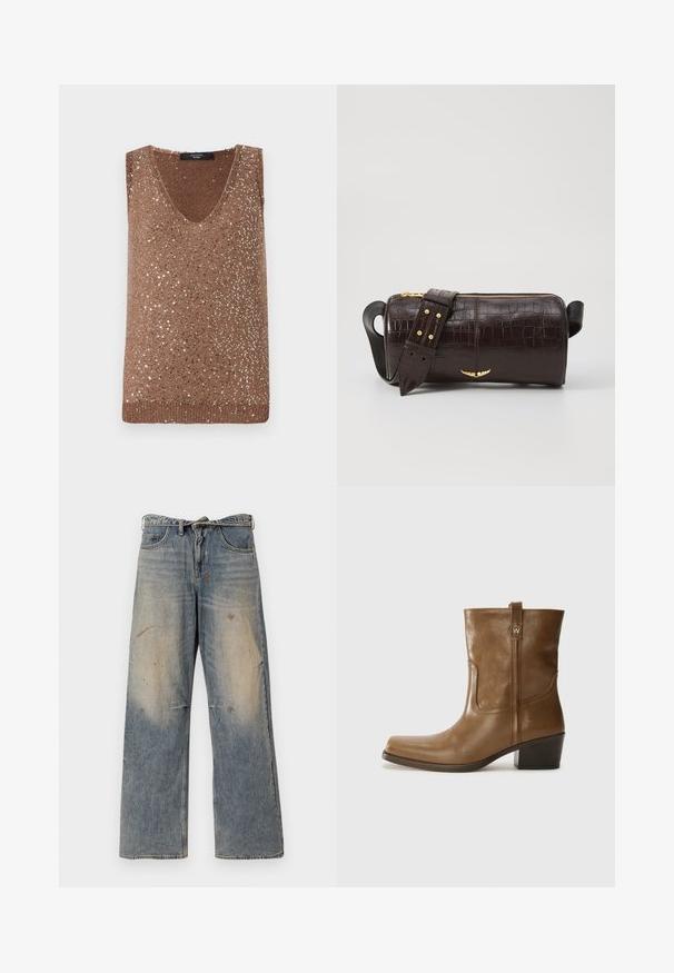 pruun puffer-jakk, millel on kapuuts, esi tõmblukk, kaks suurt eesmist taskut ja sile mati tekstuur. Brändi logo rinnal.; Pruunist lõngast kudumine ilma varrukateta särk V-kaelusega, millel on hajusalt paigutatud metallik sequins, et lisada tekstuuri ja visuaalset huvi.; Heledad sinine teksapüksid, millel on lõdva ja sirge jala disain. Omab venitamist, pleekimist ja kulunud detaile põlvede lähedal. Klassikaline viie tasku stiil.; Pruun nahkne ankle boot ruudukujulise varbaga, tekstuuriga viimistluse ja madala virnastatud kontsaga. Sisaldab taga tõmbeaasat ja peeneid õmbluse detaile.; Pruunist krokodillimustrist nahast kott, millel on silindri kuju, kuldse tooni metalldetailid ja eemaldatav rihm, kus on nupud.