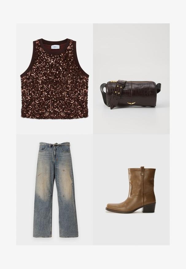 Chaqueta de abrigo marrón con capucha, que presenta un cierre frontal con cremallera, dos grandes bolsillos frontales y una textura mate suave. Logo de la marca en el pecho.; Top sin mangas adornado con lentejuelas en un rico tono marrón, presentando un ribete marrón suave y brillantes acentos cobre en toda la superficie frontal.; Jeans de mezclilla azul claro con un diseño suelto y de pierna recta. Presentan desvanecidos, desgaste y detalles rasgados cerca de las rodillas. Estilo clásico de cinco bolsillos.; Botín de cuero marrón hasta el tobillo, con punta cuadrada, acabado texturizado y un tacón bajo apilado. Presenta una pestaña trasera y detalles de costura sutiles.; Bolso de cuero marrón con estampado de cocodrilo, de forma cilíndrica, con herrajes en tono dorado y una correa desmontable con tachuelas.