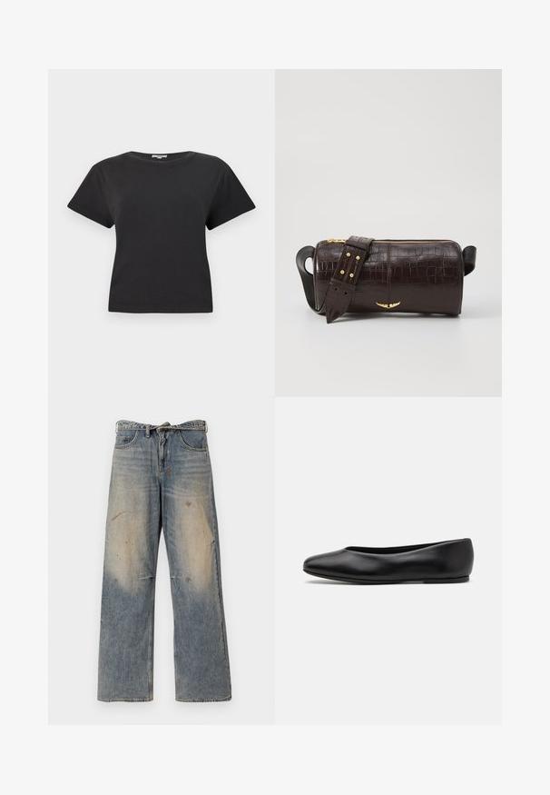 Casaco de puffer castanho com capuz, apresentando um fecho éclair frontal, dois grandes bolsos frontais e uma textura mate suave. Logótipo da marca no peito.; T-shirt preto de algodão com mangas curtas, decote redondo e um corte descontraído. Sem padrões visíveis ou detalhes em metal. Textura suave.; Jeans de ganga azul claro com um design solto e de perna reta. Apresenta desgaste, desbotamento e detalhes rasgados perto dos joelhos. Estilo clássico de cinco bolsos.; Paul Smith TOPANGA - Sabrinas - black; Bolsa de couro com textura de crocodilo na cor marrom, com forma cilíndrica, metalizações em tom dourado e uma alça destacável com tachas.