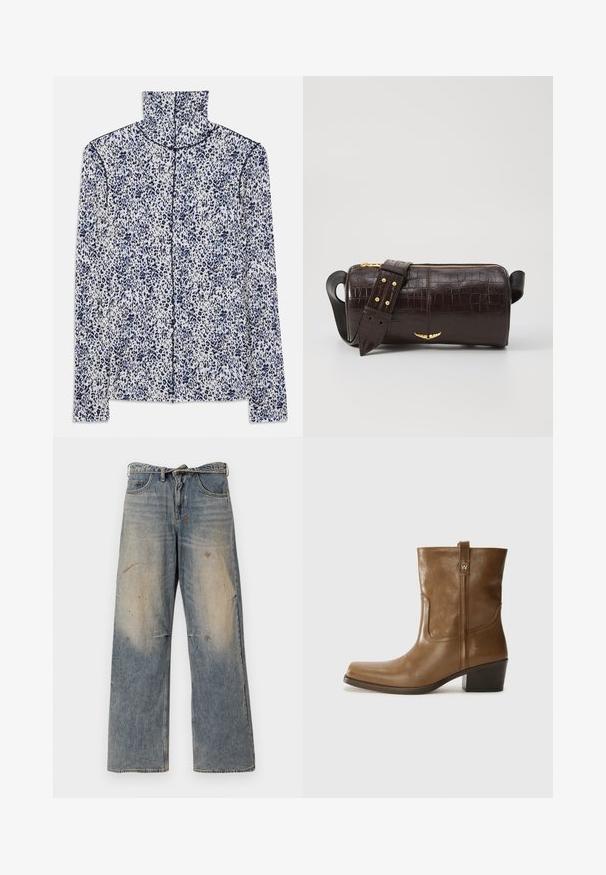 Ruske puffer jakna z kapuco, ki ima sprednji zadrgo, dva velika sprednja žepa in gladko mat teksturo. Logotip blagovne znamke na prsih.; Pitkähihaista paitaa valkoisena sinisellä leopardikuosisella, jossa on korkea kaulus ja etuvetoketjukiinnitys keskellä.; Vaaleansinisiä farkkuhousuja, joissa on löysä, suora lahje. Ominaisuuksiin kuuluvat kulutustiedot, haalistuminen ja kuluneet yksityiskohdat polvien lähellä. Klassinen viiden taskun tyyli.; Ruske nahkasaappaat nilkkamittaisella leikkauksella, neliönmuotoisella kärjellä, teksturoidulla pinnalla ja alhaisella pinottavalla korolla. Varustettu takana olevan vetotarran ja huomaamattomilla ompeleilla.; Ruskea krokotiilinkuosilla varustettu nahkalaukku, jossa on sylinterimäinen muoto, kultasävyiset yksityiskohdat ja irrotettava hihna, jossa on niittejä.