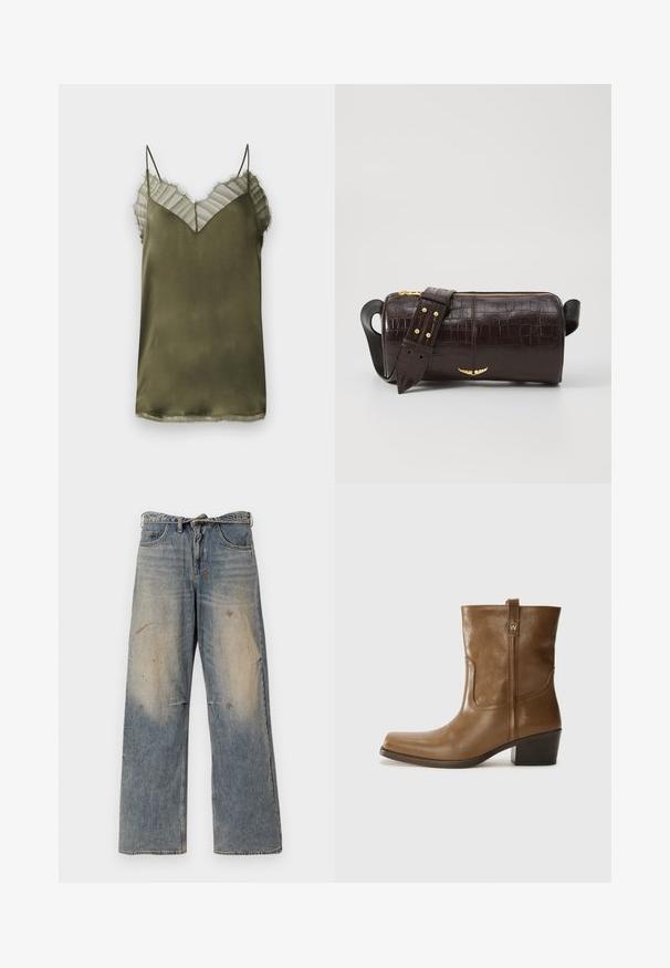 Brown puffer jacket with a hood, featuring a front zipper, two large front pockets, and a smooth matte texture. Brand logo on chest.; Olive green satin camisole with a v-neckline, featuring a sheer striped overlay at the top and delicate frayed edges along the neckline.; Light blue denim jeans with a loose, straight-leg design. Features whiskering, fading, and distressed details near knees. Classic five-pocket style.; Brown leather ankle boot with a square toe, textured finish, and a low stacked heel. Features a rear pull tab and subtle stitching details.; Brown crocodile-embossed leather bag with a cylindrical shape, gold-tone hardware, and a detachable strap featuring studs.