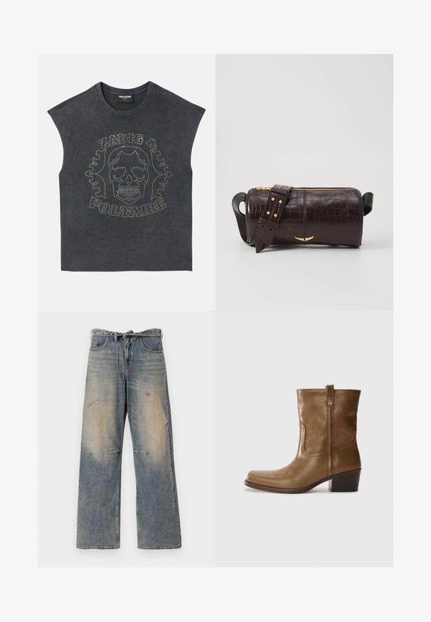 pruun puffer-jakk, millel on kapuuts, esi tõmblukk, kaks suurt eesmist taskut ja sile mati tekstuur. Brändi logo rinnal.; Hihata ilma varrukatega hall T-särk, millel ümmargune kaelus ja esiküljel metallist nupud kolju ja dekoratiivse tekstiga. Pehme kangast tekstuur.; Heledad sinine teksapüksid, millel on lõdva ja sirge jala disain. Omab venitamist, pleekimist ja kulunud detaile põlvede lähedal. Klassikaline viie tasku stiil.; Pruun nahkne ankle boot ruudukujulise varbaga, tekstuuriga viimistluse ja madala virnastatud kontsaga. Sisaldab taga tõmbeaasat ja peeneid õmbluse detaile.; Pruunist krokodillimustrist nahast kott, millel on silindri kuju, kuldse tooni metalldetailid ja eemaldatav rihm, kus on nupud.