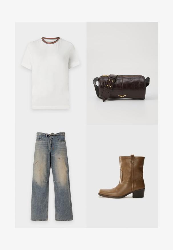 Smeđa puffer jakna s kapuljačom, koja ima prednji patent zatvarač, dva velika prednja džepa i glatku mat teksturu. Logotip brenda na prsima.; Bijela majica kratkih rukava s okruglim izrezom, ukrašena višebojnom prugastom trakom. Izrađena od glatkog materijala s opuštenim krojem.; Svjetloplave traperice s opuštenim, ravnim krojem. Imaju izgužvane, izblijedjele i oštećene detalje u blizini koljena. Klasičan stil s pet džepova.; Smeđa kožna cipela do gležnja sa četvrtastim vrhom, teksturiranim finišem i niskim složenim potpeticom. Ima stražnju petlju za navlačenje i suptilne detalje šivanja.; Smeđa torba od kože s embosiranim krokodilskim uzorkom, cilindričnog oblika, zlatne hardverske detalje i odvojivu naramenicu sa čavlima.