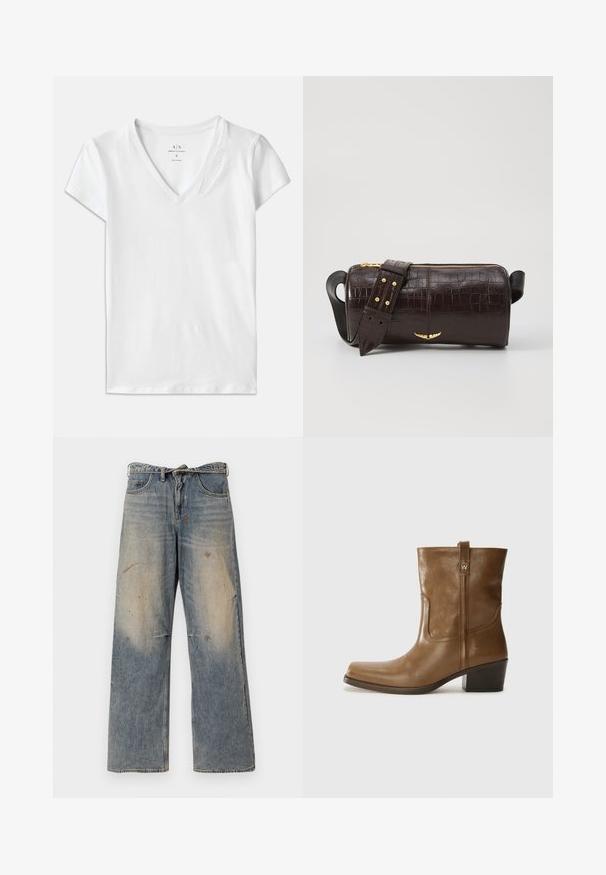 Brown puffer jacket with a hood, featuring a front zipper, two large front pockets, and a smooth matte texture. Brand logo on chest.; White short-sleeve V-neck t-shirt made of cotton, featuring a subtle embossed "Armani Exchange" detail on the collar.; Light blue denim jeans with a loose, straight-leg design. Features whiskering, fading, and distressed details near knees. Classic five-pocket style.; Brown leather ankle boot with a square toe, textured finish, and a low stacked heel. Features a rear pull tab and subtle stitching details.; Brown crocodile-embossed leather bag with a cylindrical shape, gold-tone hardware, and a detachable strap featuring studs.