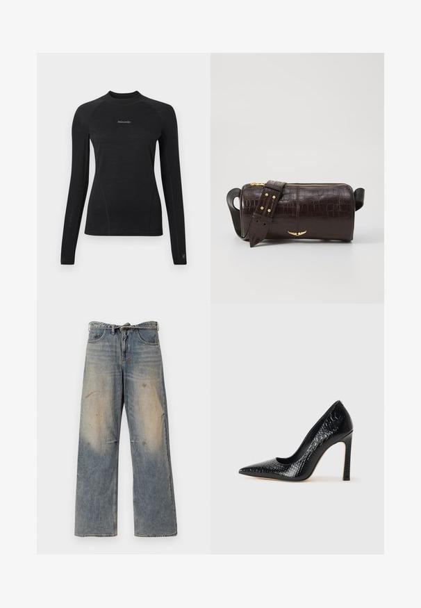 Braune Pufferjacke mit Kapuze, ausgestattet mit einem Frontreißverschluss, zwei großen Fronttaschen und einer glatten, matten Textur. Markenlogo auf der Brust.; Schwarzes, langärmeliges, eng anliegendes Shirt mit rundem Halsausschnitt und "Woolxweiler"-Logo in der Mitte der Brust.; Helle blaue Denim-Jeans mit einem lockeren, geraden Schnitt. Verfügt über Ausbleichungen, Verwaschungen und abgenutzte Details an den Knien. Klassisches Fünf-Taschen-Design.; Schwarzer, spitz zulaufender High Heel mit Krokodilleder-Struktur, elegantem Design, hohem Stiletto-Absatz und glattem schwarzen Innenraum.; Braune, krokodilgeprägte Lederhandtasche mit zylindrischer Form, goldfarbener Hardware und einem abnehmbaren Tragegurt mit Nieten.