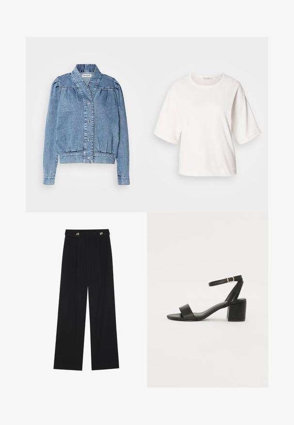 Svetlo modra jeans jakna s ovratnikom, sprednjo zaponko, nagubanimi puff rokavi in ribanim zaključkom. Ima gladko teksturo in diskretno šivanje.; Bela bombažna majica s sproščenim krojem, kratkimi nastavljivimi rokavi, okroglo ovratnikom in gladko teksturo. Preprost, minimalisticen dizajn.; Črne široke hlače s visokim pasom, gumbnimi detajli na pasu in sprednjimi gubami.; Črne sandale na peto z gladkim usnjenim zgornjim delom, odprtim nosom, širokimi sprednjimi trakovi in nastavljivim gležnjenčkom z zlatim zaponko.