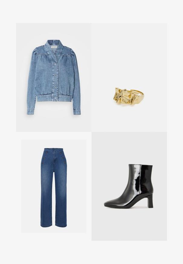 Svijetloplava traper jakna s ovratnikom, prednjim kopčanjem na dugmad, naboranim puf rukavima i rebrastim manžetama. Ima glatku teksturu i suptilno šivanje.; Mos Mosh STRIPE - Polo majica - brunnera/blue; Traperice visokog struka u srednje plavoj boji. Imaju detalje s prednjim dugmadi i široki kroj. Tkanina ima glatku teksturu s blagim izblijedjenjem.; Crne lakirane kožne gležnjače s šiljastim prstom i srednje visokom blok petom. Glatka tekstura i minimalistički dizajn.; Zlatni prsten s teksturiranim, valovitim dizajnom koji ima tri istaknuta vrha. Glatka, sjajna površina s otvorenom trakom za podešavanje veličine.