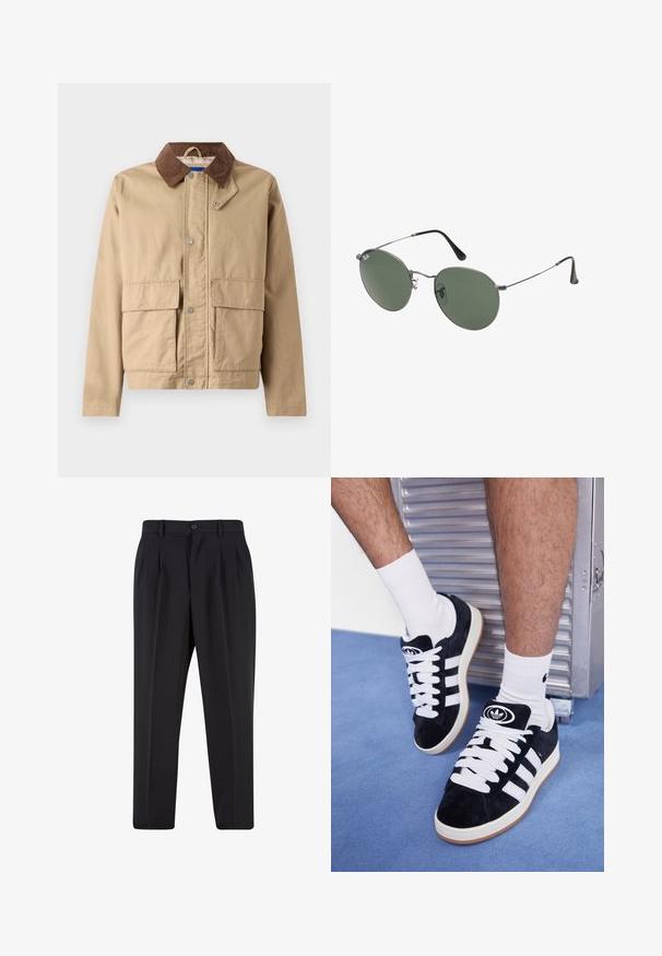 Veste beige avec un col en velours côtelé marron, fermeture à pression, et deux grandes poches avant. Fabriquée en tissu durable avec une texture lisse.; T-shirt en coton blanc à manches courtes, col rond et coupe décontractée. Texture lisse sans motifs ou accents visibles.; Pantalons noirs avec un design de devant plissé, fabriqués à partir d'un tissu lisse. Comprend une fermeture par bouton et des passants de ceinture ; coupe droite.; Baskets en suede noir avec des lacets blancs et trois rayures blanches. Présente un logo circulaire noir sur la languette et une semelle en caoutchouc beige.; Lunettes de soleil en métal avec des verres ovales verts. Monture en métal argenté mince et embouts d'oreille noirs. Design minimaliste, sans logos visibles.