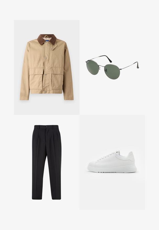 Giacca tan con colletto in corduroy marrone, chiusura a scatti e due grandi Tasca frontali. Realizzata in un tessuto resistente con una texture morbida.; T-shirt bianco in cotone con maniche corte, scollo rotondo e vestibilità rilassata. Texture liscia senza pattern o dettagli visibili.; Pantaloni neri con design a pieghe sul davanti, realizzati in tessuto morbido. Presentano una chiusura con bottone e passanti per cintura; vestibilità a gamba dritta.; Sneaker bianco in pelle con chiusura a lacci, superficie testurizzata e una robusta suola in gomma bianca con un bordo seghettato per migliorare la presa.; Occhiali da sole con montatura in metallo e lenti verdi ovali. Montatura sottile in metallo argento e terminali neri. Design minimalista, senza loghi visibili.