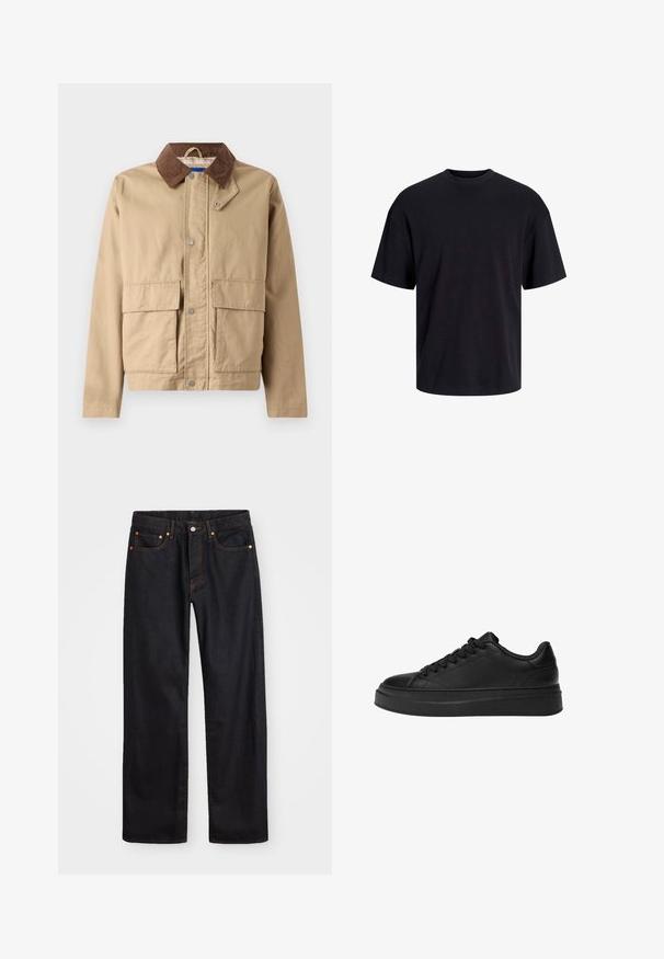 Barna bársonyos gallérral ellátott, gombos záródású, tan színű dzseki, két nagy elülső zsebbel. Tartós anyagból készült, sima tapintású.; Fekete pamut póló, kerek nyakkivágással, rövid ujjú és laza fazonú. Simább anyagú, látható minták vagy díszítések nélkül.; Férfi egyenes szabású fekete farmernadrág öt zsebbel és narancssárga varrással, gombos és cipzáros záródással elöl.; Fekete sportcipő sima bőrből, kerek orral, vastag talpazattal és hagyományos fűzési megoldással, hat fűzőlyukkal.