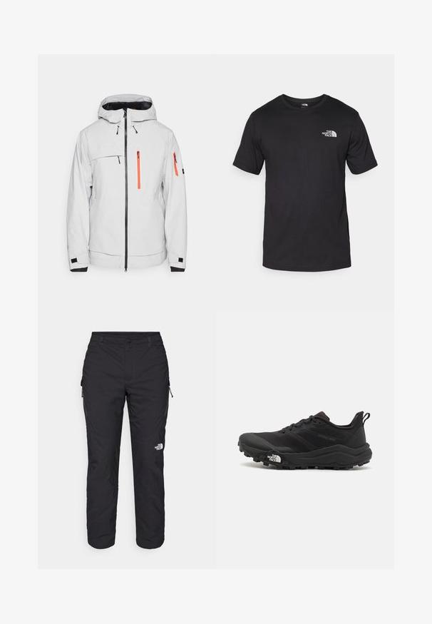 Gaiši pelēka ūdensizturīga jaka ar kapuci, aprīkota ar apelsīnu krāsas rāvējslēdzējiem, vairākiem kabatām, melniem akcentiem un vienkāršu tekstūru.; Melna īsām piedurknēm T-krekls, kas izgatavots no kokvilnas, ar apaļu dekoltē un nelielu baltu logotipu augšējā kreisajā krūtīs.; The North Face WINTER EXPLORATION TAPERED CARGO - Āra bikses - black; Melnas taku skriešanas kurpes ar teksturētu virsu, gumijas zoli un pastiprinātu pirkstu daļu. Aprīkotas ar mīkstu apkakli un vilkšanas cilpu, lai viegli uzvilktu.