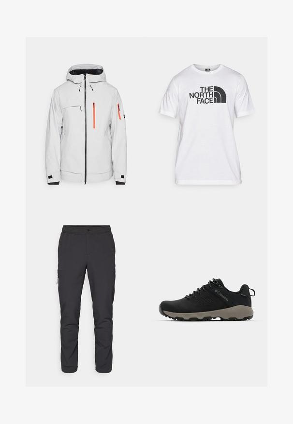 Svetlo siva nepremočljiva jakna s kapuco, z oranžnimi zadrgami, več žepi, črnimi poudarki in enostavno teksturo.; Bela bombažna majica s črnim grafičnim tiskom, ki vključuje besedilo in obliko ukrivljenega logotipa. Okrugel izrez in kratki rokavi. Enostavna tekstura.; Črne, oprijete hlače s elastičnim pasom, z zadrgo na stranskem žepu in gladkim, lahkotnim materialom. Idealne za športne aktivnosti.; Črne pohodniške čevlje z gladkim zgornjim delom, perforiranim dizajnom, sivo podplatom in ojačanim petnim delom. Imajo vezalke in zanko za enostavno obuvanje.