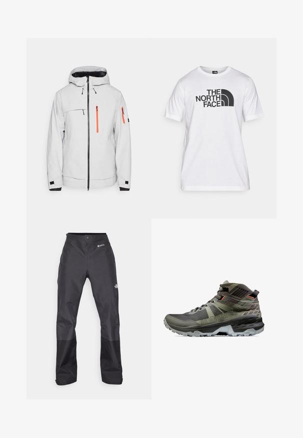 Light gray waterproof jacket with a hood, featuring orange zippers, multiple pockets, black accents, and a plain texture.; White cotton t-shirt featuring a black graphic print with text and a curved logo design. Round neckline and short sleeves. Plain texture.; Black waterproof pants with a smooth texture, featuring a GORE-TEX logo on the front, and reinforced lower legs for durability.; Mid-cut hiking shoe in dark gray and olive mesh with rubber accents. Features a textured upper, reinforced heel, and aggressive tread pattern.