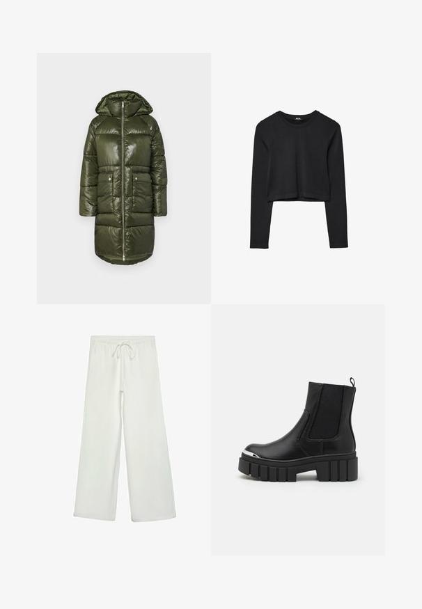Zelená péřová bunda s lesklým povrchem, která má kapuci, zipový přední díl a dvě přední kapsy. Prošívaný design dodává texturu a teplo.; Černý dlouhý rukáv cropped top s kulatým výstřihem, jednoduchý design a mírně zaoblený lem.; Bílé kalhoty s širokými nohavicemi vyrobené z měkké tkaniny. Mají elastický pas se stahovací šňůrkou a hladkou strukturu. Žádné viditelné vzory ani kovové prvky.; Černé kotníkové boty z hladké kůže s elastickými panely, silným platformovým sálem a kovovým špičkou.