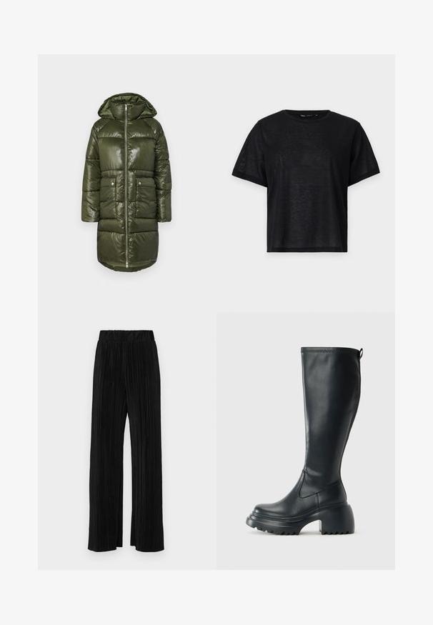Cabană verde cu un finisaj lucios, dotată cu glugă, închidere cu fermoar în față și două buzunare frontale. Designul matlasat adaugă textură și căldură.; Tricou negru cu mânecă scurtă, cu o croială lejeră, având o textură netedă și un decolteu rotund. Material ușor cu un luciu subtil.; Pantaloni negri plisati cu talie elastică. Prezintă picioare largi și un material neted, texturat, cu dungi verticale.; Cizme lungi din piele neagră cu talpă platformă masivă și tocul pătrat, având un tab de tragere și un model texturat pe talpa exterioară.