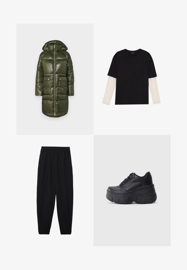 Grønn pufferjakke med blank finish, med hette, glidelås foran og to frontlommer. Kviltet design gir tekstur og varme.; Svart T-skjorte laget av bomull, med korte ermer over et hvitt langermet lag med en subtil teksturert mønster. Rund hals design.; Svarte, lette bukser med elastisk liv og rynkede ankler. Stoffet er glatt og har en avslappet, innsvingt design.; Sorte snøresko med tykk såle, med et glatt læroverdel, rund tå og distinkt lagdelt plattformdesign.