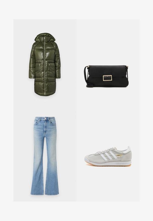 Roheline puffer mantel läikiva viimistlusega, kapuutsiga, lukuga ees ja kahe ees oleva taskuga. Kvaliteetne disain lisab tekstuuri ja soojust.; Valge ilma varrukateta T-särk, mis on valmistatud ribakangast, ümarate kaelustega ja kitseneva siluetiga, minimaalse õmbluste ning ilma kaunistusteta.; Heledad sinine flared teksapüksid, millel on kõrge vöökoht, viie tasku disain ja peen gradiseeruv hägusus alates hemist.; Heled hallid tossud, mis on valmistatud nubukist ja võrgust, millel on kolm valget triipu, ümmargune varvas ja kummist tald. Kuldne logoelement paelte lähedal.; Must haben musta nahkklahviga kott, millel on klapp ja kuldne metallist pandla detail. Kaasas must rihm ja stiilne, minimalistlik disain.