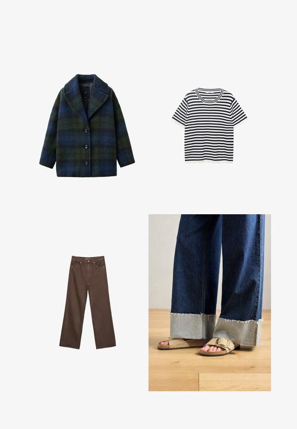 Karo kaput u zelenim i plavim nijansama, izrađen od teksturirane vune, ima izrezani ovratnik, prednje dugmadi i slobodan kroj.; Prugasta majica od pamuka s mornarskoplavim i bijelim horizontalnim prugama, ima okrugli izrez i kratke rukave. Glatka tekstura.; Proširene smeđe traperice od denima, s visokim strukom, prednjim džepovima i klasičnom kopčom na dugme. Glatka tekstura s suptilnim šavovima.; Noge u bež Birkenstock sandalama sa zlatnim kopčama, u kombinaciji s tamnoplavim trapericama podvrnutim na rubovima, stoje na drvenom podu.