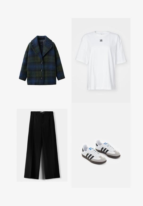 Ternet frakke i grønne og blå nuancer, lavet af struktureret uldblanding, har en topkrave, frontknapper og en løs pasform.; Hvid kortærmet t-shirt lavet af bomuld. Har en rund halsudskæring og et lille sort Adidas-logo på brystet. Lige skåret kant.; Sorte brede bukser lavet af letvægtsstof, med frontknaplukning og glat front, samt pænt syede kanter.; Sportsko med en overdel i hvid læder, grå ruskind på tåen og tre sorte striber. Har et blåt logo på tungen og en struktureret gummisål.