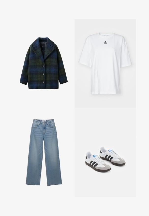 Cappotto a check verde e blu, realizzato in un misto lana testurizzato, presenta un colletto a punta, bottoni frontali e una silhouette ampia.; T-shirt bianco a maniche corte in cotone. Presenta un collo rotondo e un piccolo logo Adidas nero sul petto. Orlo dritto.; Jeans a gamba larga di colore azzurro chiaro realizzati in denim. Caratterizzati da vita alta, cinque tasche e un taglio dritto con minima scoloritura.; Scarpe sportive con tomaia in pelle bianca, punta in suede grigia e tre strisce nere. Presentano un logo blu sulla linguetta e una suola in gomma testurizzata.
