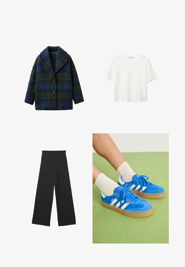 Ternet frakke i grønne og blå nuancer, lavet af struktureret uldblanding, har en topkrave, frontknapper og en løs pasform.; Hvid kortærmet t-shirt lavet af bomuld. Har en rund halsudskæring og en afslappet pasform. Glat tekstur uden synlige mønstre eller detaljer.; Sorte brede bukser med høj elastisk talje, blødt stof og løs pasform, velegnede til afslappet tøj eller uformelle anledninger.; Blå ruskind sneakers med hvide striber, gummisål, rund tå og stofsnørebånd. Bærer cremefarvede sokker på en grøn overflade.