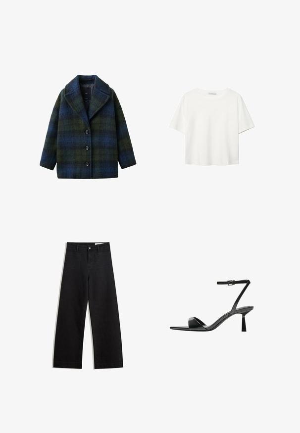 Karirani plašč v zelenih in modrih odtenkih, narejen iz strukturirane volnene mešanice, ima izrezan ovratnik, sprednje gumbe in ohlapen kroj.; Bela kratka majica s kratkimi rokavi iz bombaža. Ima okroglo izrezovanje in sproščen kroj. Gladka tekstura brez vidnih vzorcev ali poudarkov.; Črne široke denim hlače z visokim pasom, ki imajo sprednje in zadnje žepe, šivane šive ter gumbasto zapiranje. Gladka tekstura.; Bershka Sandali z visoko peto - black