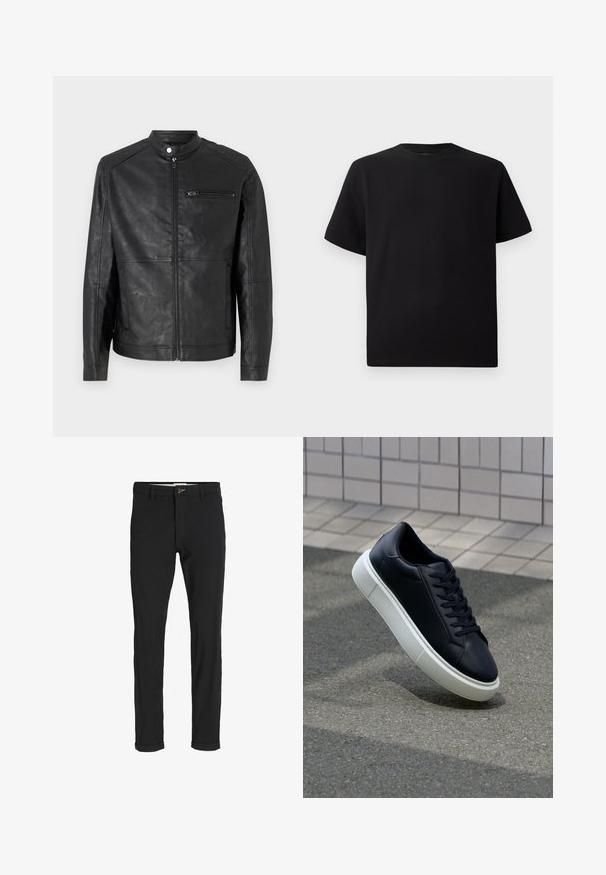 Giacca in pelle nera con colletto alla coreana, zip frontale e dettagli di cucitura orizzontale sulle spalle. Presenta una tasca sul petto con zip.; T-shirt corto nero a maniche corte realizzato in tessuto testurizzato, con scollatura rotonda e vestibilità comoda. Semplice, senza motivi o dettagli.; Pantaloni neri in cotone misto con vestibilità slim, dotati di chiusura con bottone, tasche e orli arrotolati per un look informale.; Sneaker in pelle nera con punta arrotondata e suola in gomma bianca. Presenta lacci piatti e cuciture minime sulla parte superiore. Suola testurizzata per una migliore aderenza.