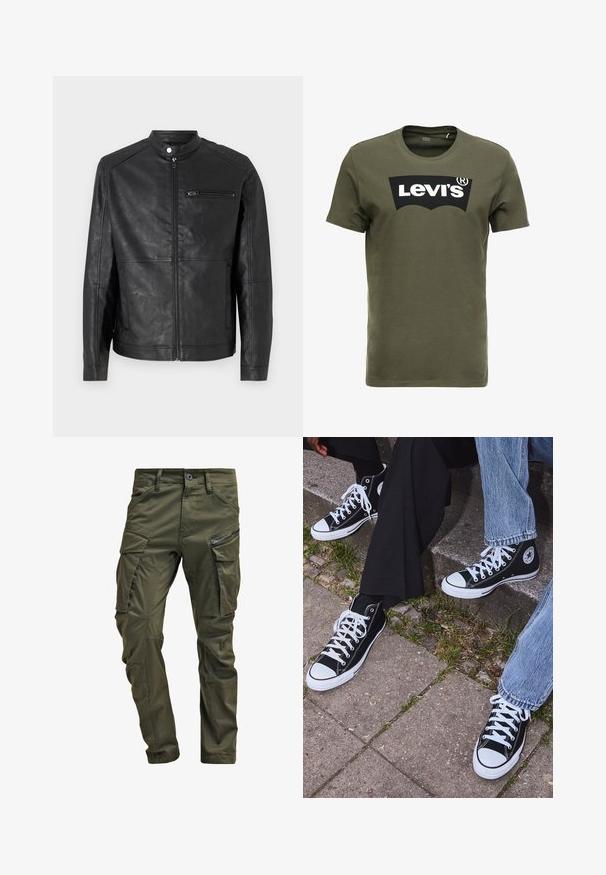 Black leather jacket with a stand collar, front zipper, and horizontal stitch detailing on shoulders. Features a zippered chest pocket.; Olive green cotton t-shirt featuring a large black Levi's logo on the front. Classic crewneck and short sleeves, smooth texture.; Olive green cargo pants made from sturdy cotton. Features multiple pockets, a zippered side pocket, and tapered legs with a slightly textured finish.; Black high-top canvas sneakers with white rubber soles and laces, featuring a circular logo on the side and paired with denim and black pants.