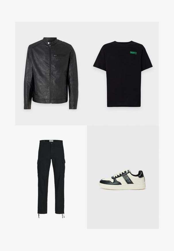 Sort læderjakke med ståkrave, frontlynlås og vandret stikninger på skuldrene. Har en lynlåslomme på brystet.; Sort t-shirt lavet af bomuld med korte ærmer. Har et grønt "ROOTS" logo på forsiden, rund halsudskæring og almindelig pasform.; Sorte cargo bukser med lige snit, der har sidelommer, knaplukning og elastiske snore ved anklerne. Fremstillet af slidstærkt stof.; Lædersneakers i sort og creme farveskema, med perforerede detaljer, en polstret krave og en struktureret ydersål.