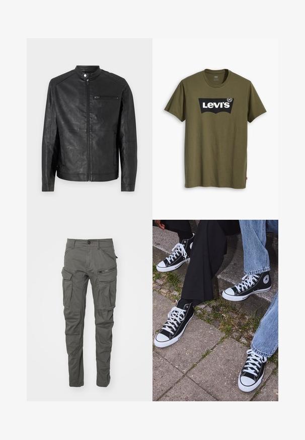 Chaqueta de cuero negra con cuello alzado, cremallera frontal y detalles de costura horizontal en los hombros. Cuenta con un bolsillo en el pecho con cremallera.; Camiseta de algodón verde oliva con un gran logotipo negro de Levi's en una forma semicircular contrastante en el pecho. Corte regular.; Pantalones cargo grises hechos de tejido duradero, que cuentan con múltiples bolsillos, detalles con cremallera, cierre botón y un diseño de pierna ajustada.; Zapatillas de lona negras de caña alta con suelas y cordones de goma blanca, con un logo circular en el lado, combinadas con unos pantalones de mezclilla y negros.