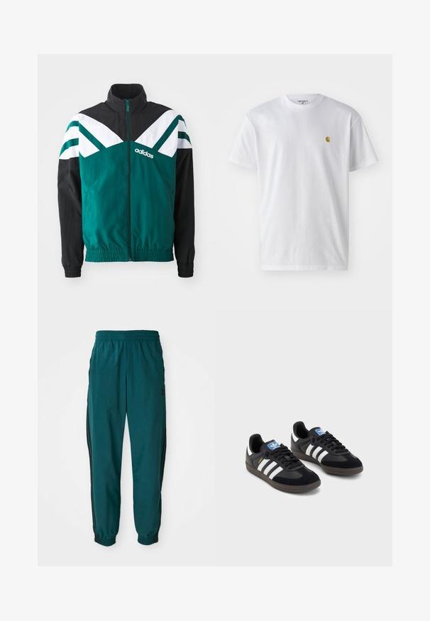 Tealowa i czarna kurtka z zamkiem błyskawicznym, z białymi akcentami, posiadająca stójkę, elastyczne mankiety oraz logo po lewej stronie.; Biała bawełniana koszulka z krótkim rękawem, okrągłym dekoltem, z małym złotym logo na lewej części klatki piersiowej. Miękka textura i regularny krój.; Turkusowe spodnie sportowe z elastycznym paskiem, ściągaczem w pasie, elastycznymi mankietami i bocznymi czarnymi paseczkami. Wykonane z lekkiego materiału, z logo w okolicy bioder.; Czarne sneakersy z zamszową i syntetyczną cholewką, wyposażone w trzy białe paski, teksturowaną gumową podeszwę oraz niebieską metkę z logo na języku.
