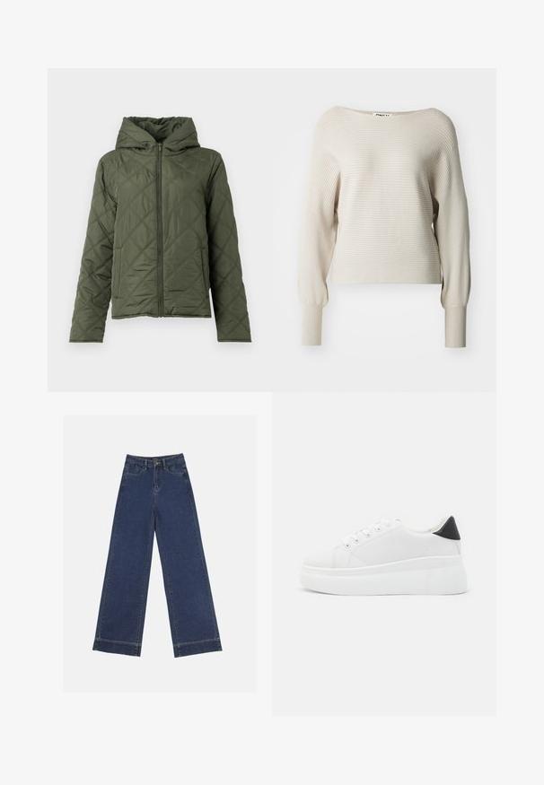 Siltuma izolācija, zaļa jakas ar kapuci. Iekšā ir priekšējais rāvējslēdzis un sānu kabatas. Izmanto teksturētu dimanta rakstu ar gludu apdari.; Bežs ar ribām džemperis ar platu kakla izgriezumu, garām piedurknēm un pieguļošiem aprocēm. Mīksta tekstūra ar vieglām horizontālām svītrām. Redzama zīmola birka.; Platās kājas džinsi tumši zilā denima krāsā. Iespējas: piecas kabatas, siksnu cilpas un neapstrādāta apakša ar redzamām šuvju detaļām.; Baltas platforma kedas, izgatavotas no gludas sintētiskas vielas, ar noapaļotu purngalu, saites dizainu un teksturētu gumijas zoli. Melna papēža akcenta detaļa.