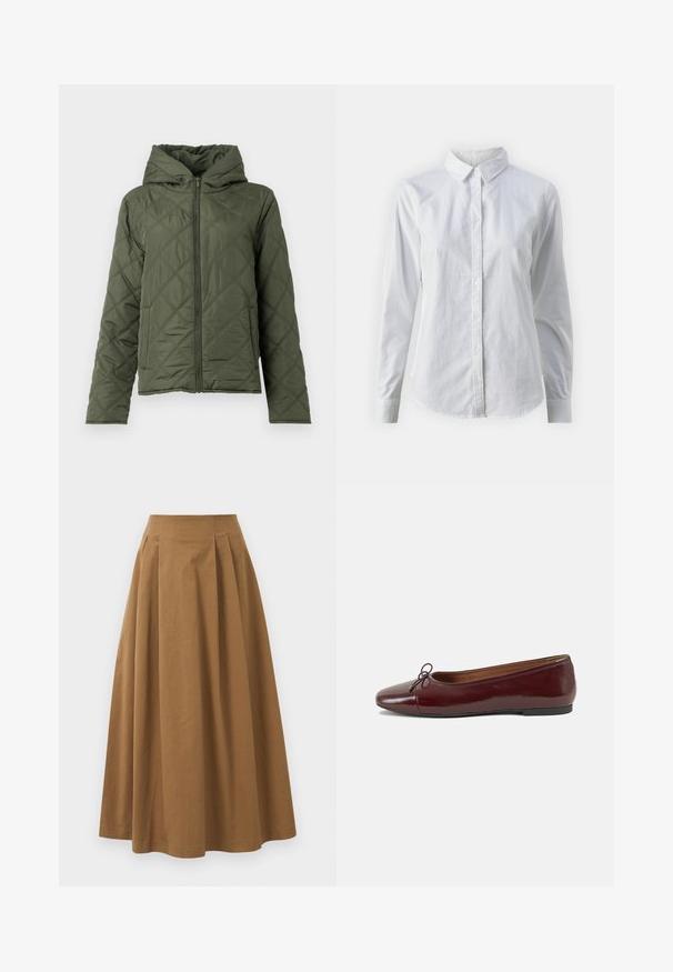 Quiltuotas žalias džemperis su kapišonu. Yra priekinis užtrauktukas ir šoninės kišenės. Tekstūruotas deimantinis raštas su lygiu paviršiumi.; Balta marškinėliai su mygtukais, pagaminti iš lygios medvilnės, su klasikiniais apykaklės, ilgomis rankovėmis ir lenktu kraštu. Mygtukai maži ir balti.; Ruda medvilninė A formos sijonas su aukštu liemeniu, puikuojantis klostėmis priekyje ir lygia tekstūra. Apdailos kraštai yra švarūs ir paprasti.; Bordo lakiotos odos baleto bateliai su apvalia nosimi, maža kaspinėlio akcentu priekyje ir žema juoda guma padanga. Lygi tekstūra.