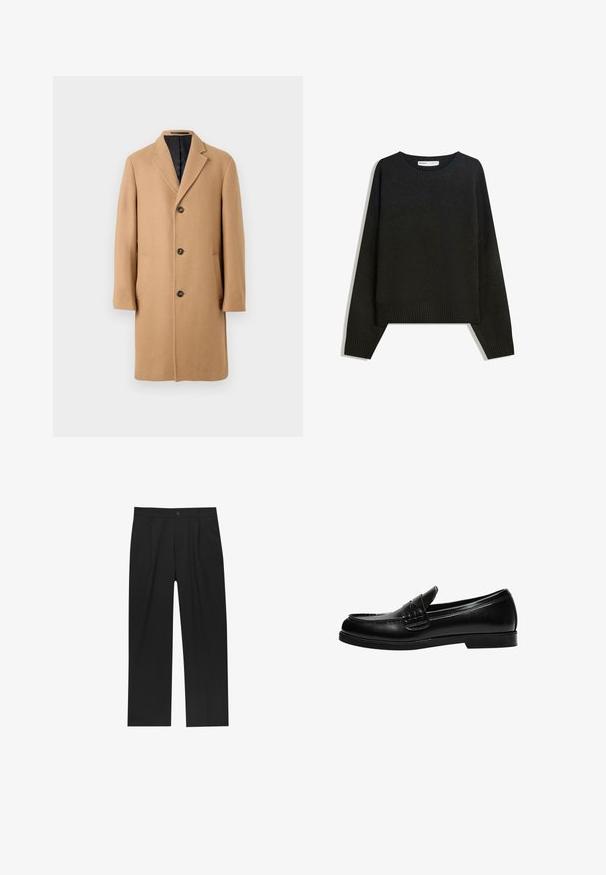 Kamelový vlněný kabát s klopovým límcem, čtyřmi knoflíky a dvěma předními kapsami. Obsahuje hladkou podšívku v tmavé barvě.; Černý pletený svetr s kulatým výstřihem, žebrovanými manžetami a lemem. Design je široký s kleslými rameny pro pohodlný střih.; Černé kalhoty s rovnými nohavicemi, vyrobené z hladké tkaniny. Mají přední záhyby a jedno knoflíkové zapínání v pase.; Černé kožené mokasíny s hladkým povrchem, které mají prošívání na nártu a nízkou, jednolitou černou gumovou podrážku.