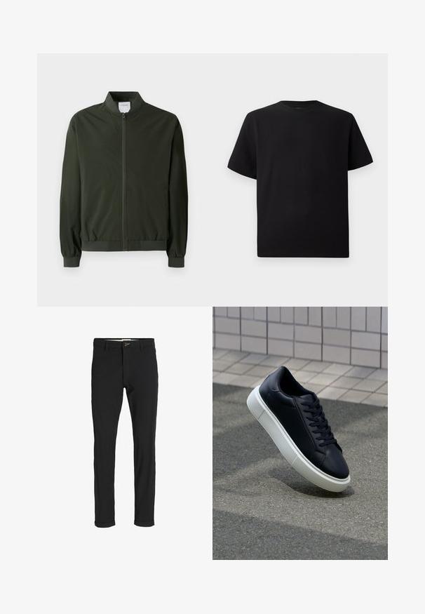 Olivgrüne Bomberjacke aus glattem Nylon, mit einem Reißverschluss vorne, gerippten Bündchen und einem runden Kragen. Keine sichtbaren Muster oder Akzente.; Schwarzes Kurzarm-T-Shirt aus strukturiertem Stoff, mit einem Rundhalsausschnitt und einer lockeren Passform. Einfach, ohne Muster oder Akzente.; Schwarze Baumwollmischungshose mit schmalem Schnitt, gekennzeichnet durch einen Knopfverschluss, Taschen und umgeschlagenen Säumen für einen lässigen Abschluss.; Schwarze Leder-Sneaker mit runder Zehenpartie und weißer Gummisohle. Verfügt über flache Schnürsenkel und minimale Nähte im Obermaterial. Strukturiertes Sohlenprofil für besseren Halt.