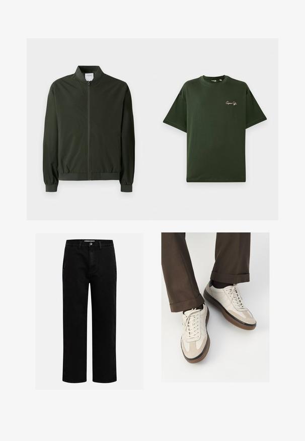 Olivengrøn bomberjakke lavet af glat nylon, med en lynlås foran, ribbede manchetter og en rund krave. Ingen synlige mønstre eller accenter.; Grøn bomulds T-shirt med korte ærmer, afslappet pasform. Har et lille broderet logo i lyserød på venstre bryst.; Sorte denimbukser med lige pasform, klassisk fem-lomme design og knaplukning i taljen. Glat tekstur og holdbart stof.; Beige sneakers med en struktureret ruskind front, glatte lædersider og en brun gummisål. Snørebånd og let stikning er inkluderet.
