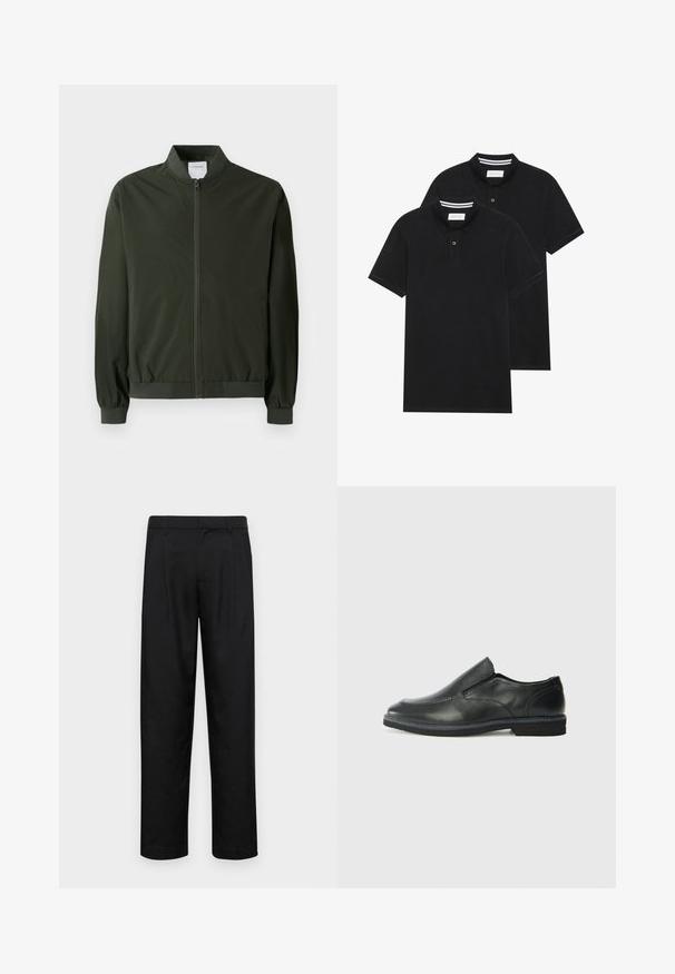 Olivengrøn bomberjakke lavet af glat nylon, med en lynlås foran, ribbede manchetter og en rund krave. Ingen synlige mønstre eller accenter.; To sorte polo T-shirts, kortærmede, lavet af bomuldsstof, med en klassisk krave, to-knaps placket og hvide stribede detaljer indeni kraven.; Sorte bukser lavet af glat stof, med et lige ben-design, to frontfolder og en standard talje med bæltestropper.; Sorte læder slip-on sko med en glat overdel, syede detaljer, rund tå og en lav gummihæl. Sålen har minimal profil.