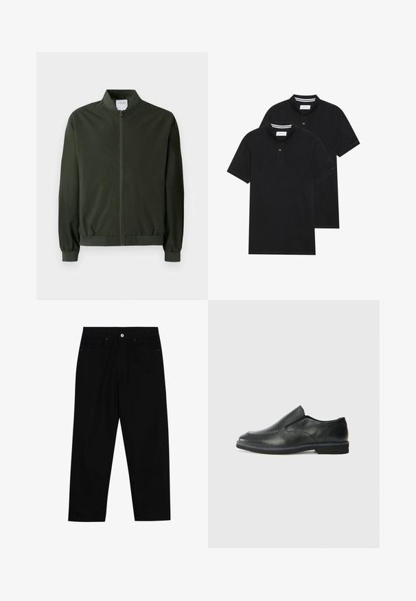 Olive zöld bomberdzseki sima nylonból, elülső cipzárral, bordázott mandzsettákkal és kerek gallérral. Nincsenek látható minták vagy díszítések.; Két fekete pólóing, rövid ujjú, pamut anyagból készült, klasszikus gallérral, két gombos gombolással, és fehér csíkos díszítéssel a gallér belső részén.; Fekete farmernadrág, egyenes szabással, öt zsebből álló dizájnnal és elülső gombos záródással. Simább felület minimális varrási részletekkel.; Fekete bőr, slip-on cipő sima felsőrésszel, varrott díszítéssel, lekerekített orral és alacsony gumitalppal. A talpa minimális bordázattal rendelkezik.