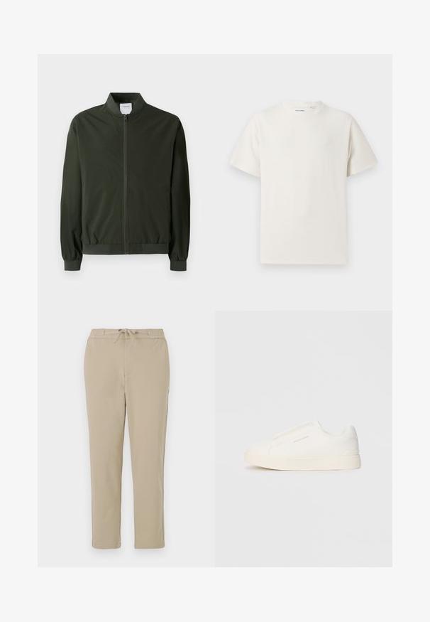 Olīvzaļš bumbieris jakas, kas izgatavota no gluda neilona, ar priekšējo rāvējslēdzēju, ribbedm piekariņiem un noapaļotu apkakli. Nav redzamu rakstu vai akcentu.; Balta krūštura īsām piedurknēm ar ribota auduma faktūru. Apaļš kakla izgriezums, brīvs griezums, bez redzamām rakstām vai akcentiem. Vienkāršs un daudzpusīgs dizains.; Bēšas kleita bikses ar elastīgu jostu un auklu, ar taisna kāju dizainu un mīkstu, gludu tekstūru.; Baltas slip-on sporta apavi ar teksturētu virsmu, biezu zoli un minimālistisku dizainu. Sānos redzams zīmola logotips.