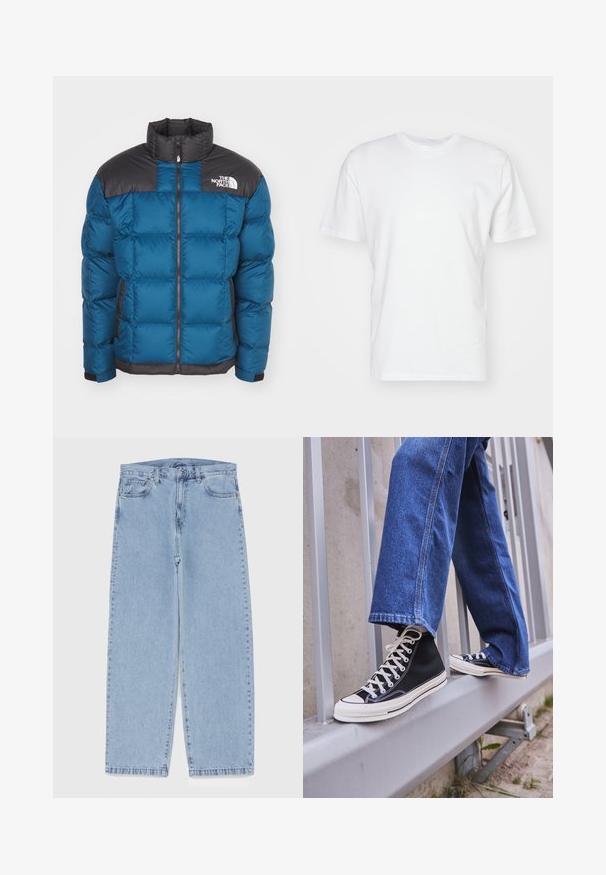Casaco puffer azul com uma parte superior acolchoada preta, fecho de correr, gola alta, bolsos laterais e detalhe do logótipo no peito. O enchimento oferece isolamento.; T-shirt de algodão branca com mangas curtas, decote redondo e uma textura suave. Design simples sem padrões ou gráficos.; Jeans de denim azul claro com design de perna reta, apresentando uma cintura de altura média, cinco bolsos e um fecho de botão e zíper.; Ténis altos pretos com sola e atacadores brancos, combinados com jeans azul desgastado, repousando sobre um corrimão cinza.