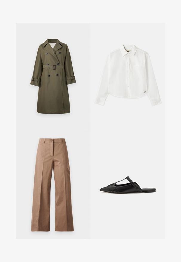 Olive green trench coat made of smooth fabric, featuring double-breasted buttons, a belted waist, and rolled cuffs.; White cropped long-sleeve shirt made of cotton. Features a button-up front, a chest pocket, and a small black logo on the bottom left.; Brown wide-leg trousers made from a smooth fabric, featuring a front button closure, two front pockets, and clean, tailored lines.; Black leather slingback shoe with a pointed toe, featuring a woven accent and pleated upper design. Flat sole with minimal hardware.