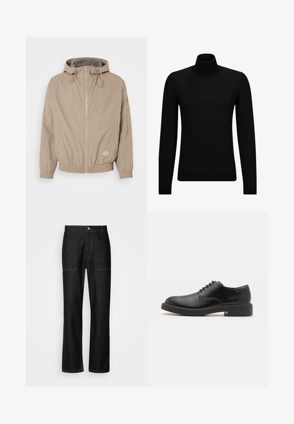 Light beige hooded jacket made from smooth fabric with a front zipper, elastic hem, and green logo accent on the lower right side.; Black turtleneck sweater made of soft material, featuring long sleeves and a snug fit. Ribbed trim at the hem and cuffs. Simple design.; Black denim pants with a straight leg, visible stitching, and a front button closure. Includes two side pockets and two back pockets.; Black leather lace-up shoe with a rounded toe, smooth texture, minimal stitching, and a low rubber heel. Logo on the heel.