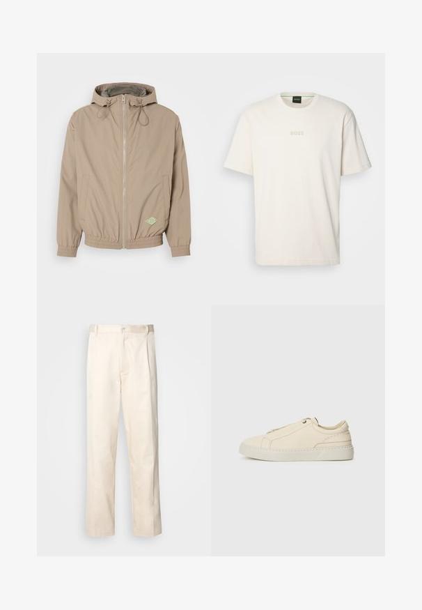 Gai bēšs kapucis mētelis, izgatavots no gludas auduma, ar priekšējo rāvējslēdzēju, elastīgu apakšmalu un zaļu logotipa akcentu apakšējā labajā stūrī.; BOSS TEE - Pamata T-krekls - open white; Bežā krāsā auduma bikses ar taisnu kāju griezumu, pievienotām pogu aizdares un priekšējiem krokām papildu detaļām.; Bežīga ādas kedas ar noapaļotu purngalu, minimālistisku dizainu, smalkiem stīgām un teksturētu virsmu uz gaišas zoles.